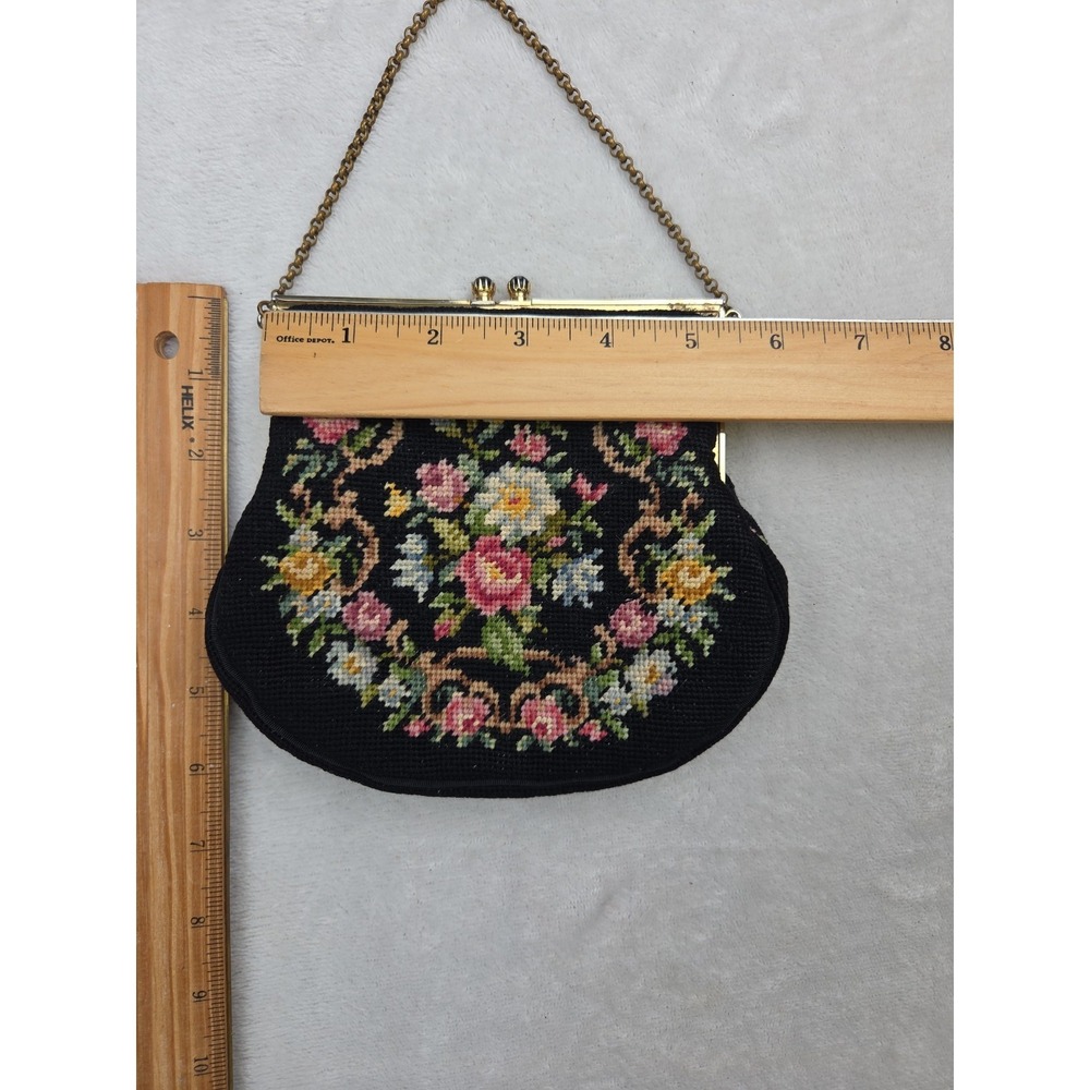 Vintage Handmade Needlepoint Petit Point Floral Hand Bag Purse Black Chain Strap - Picture 5 of 16